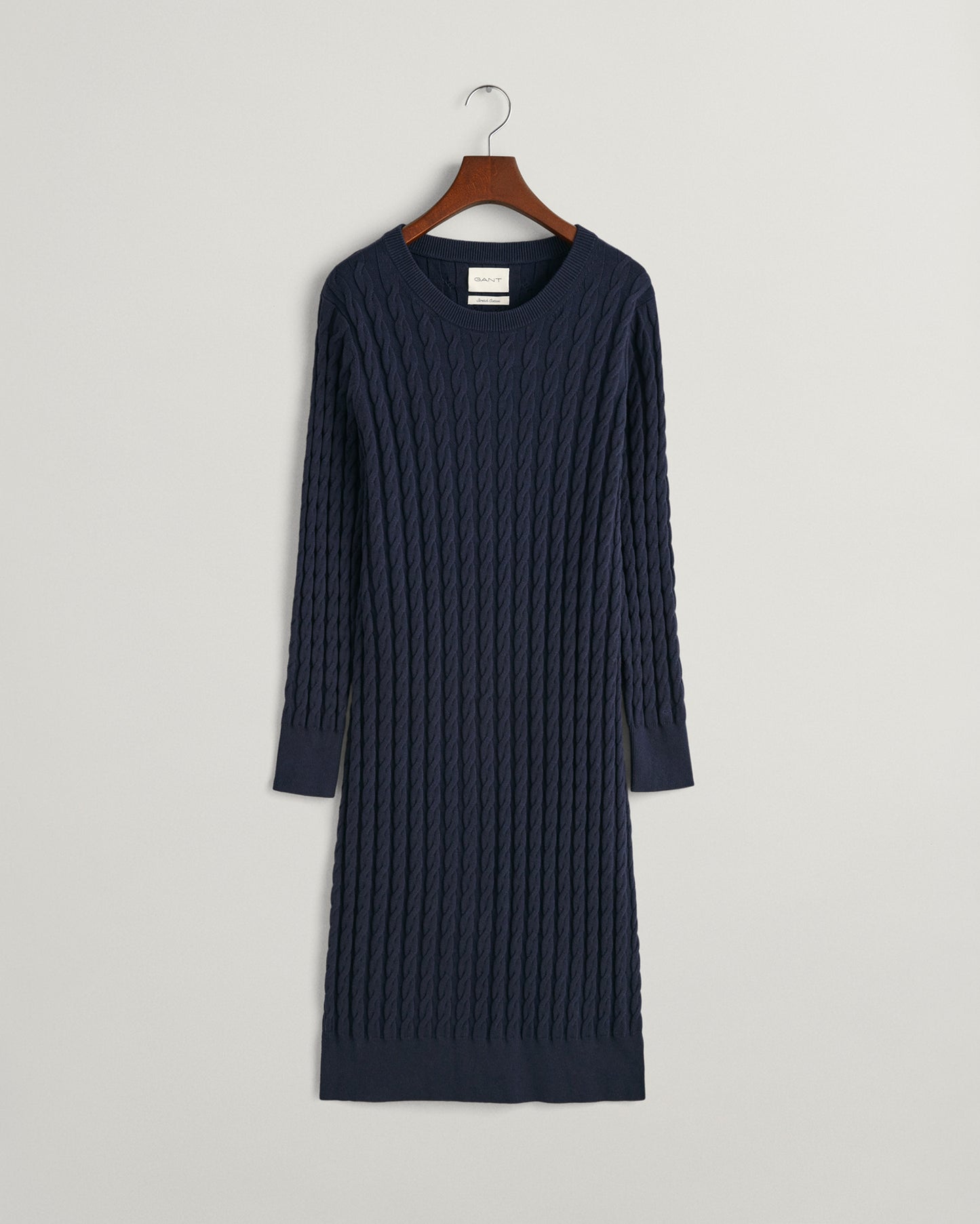 EVENING BLUE, STRETCH COTTON CABLE C-NECK DRESS, FLAT-LAY BY GANT AU.