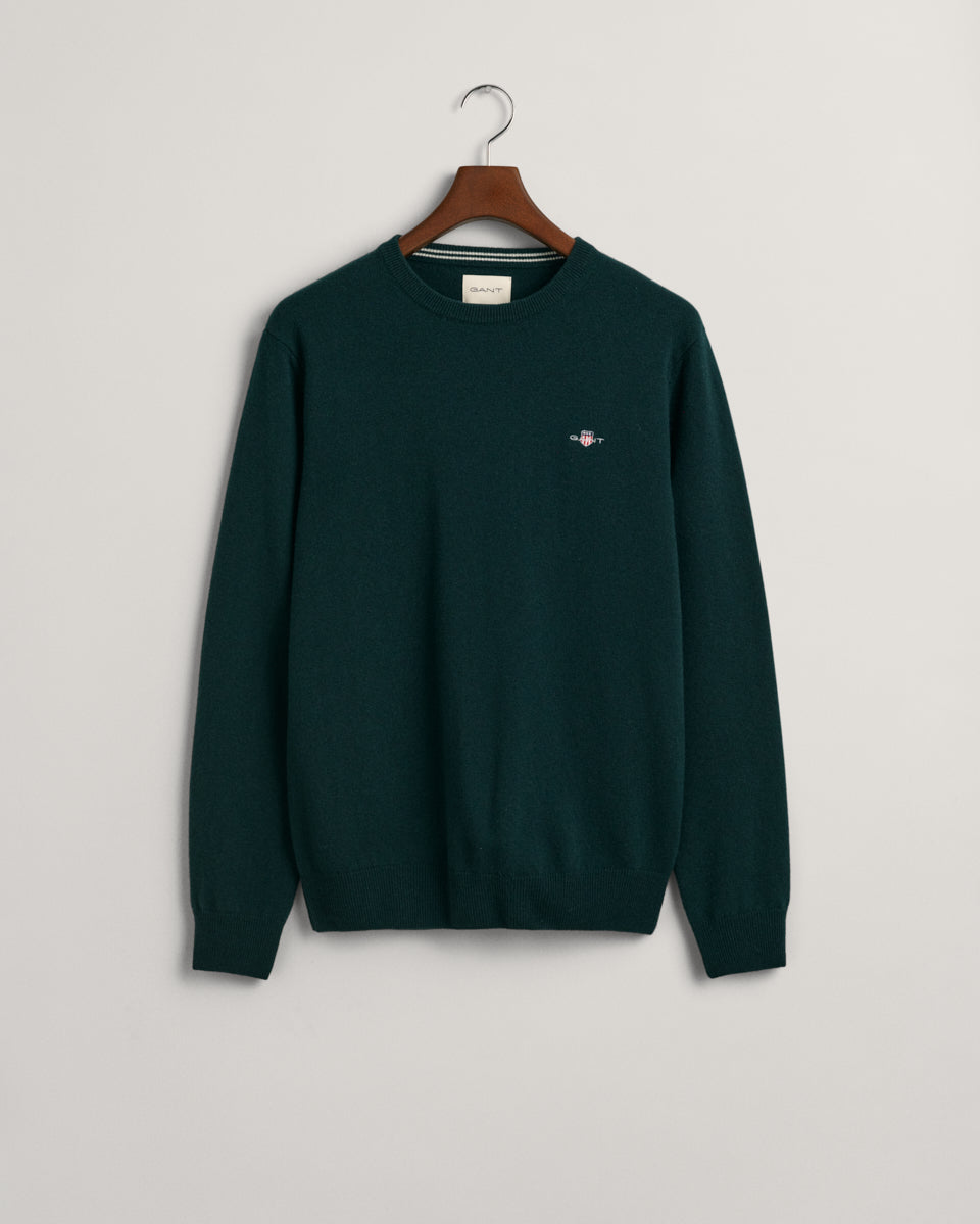 TARTAN GREEN, SUPERFINE LAMBSWOOL C-NECK, FLAT-LAY BY GANT AU.