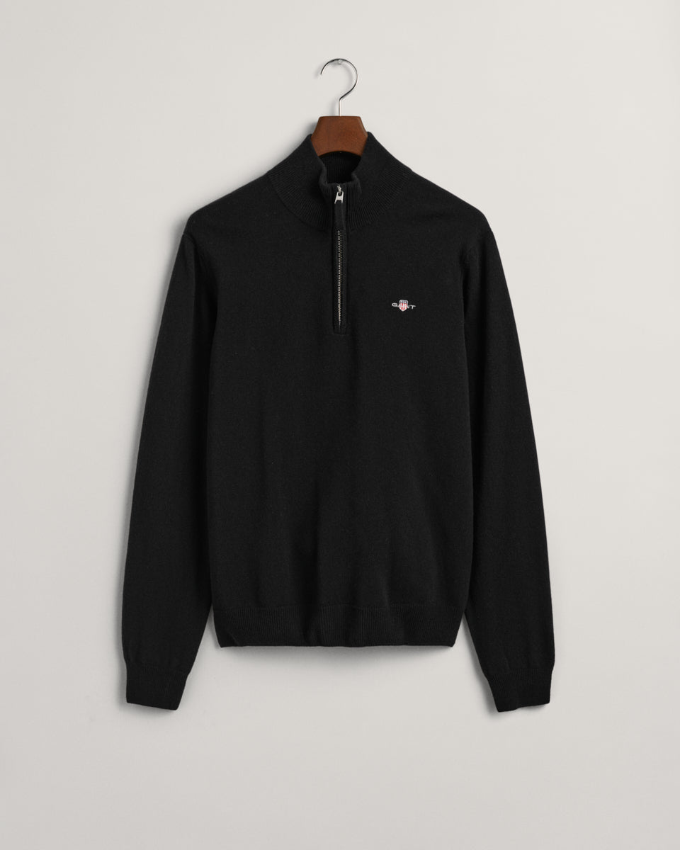 BLACK, SUPERFINE LAMBSWOOL HALF ZIP, FLAT-LAY BY GANT AU.