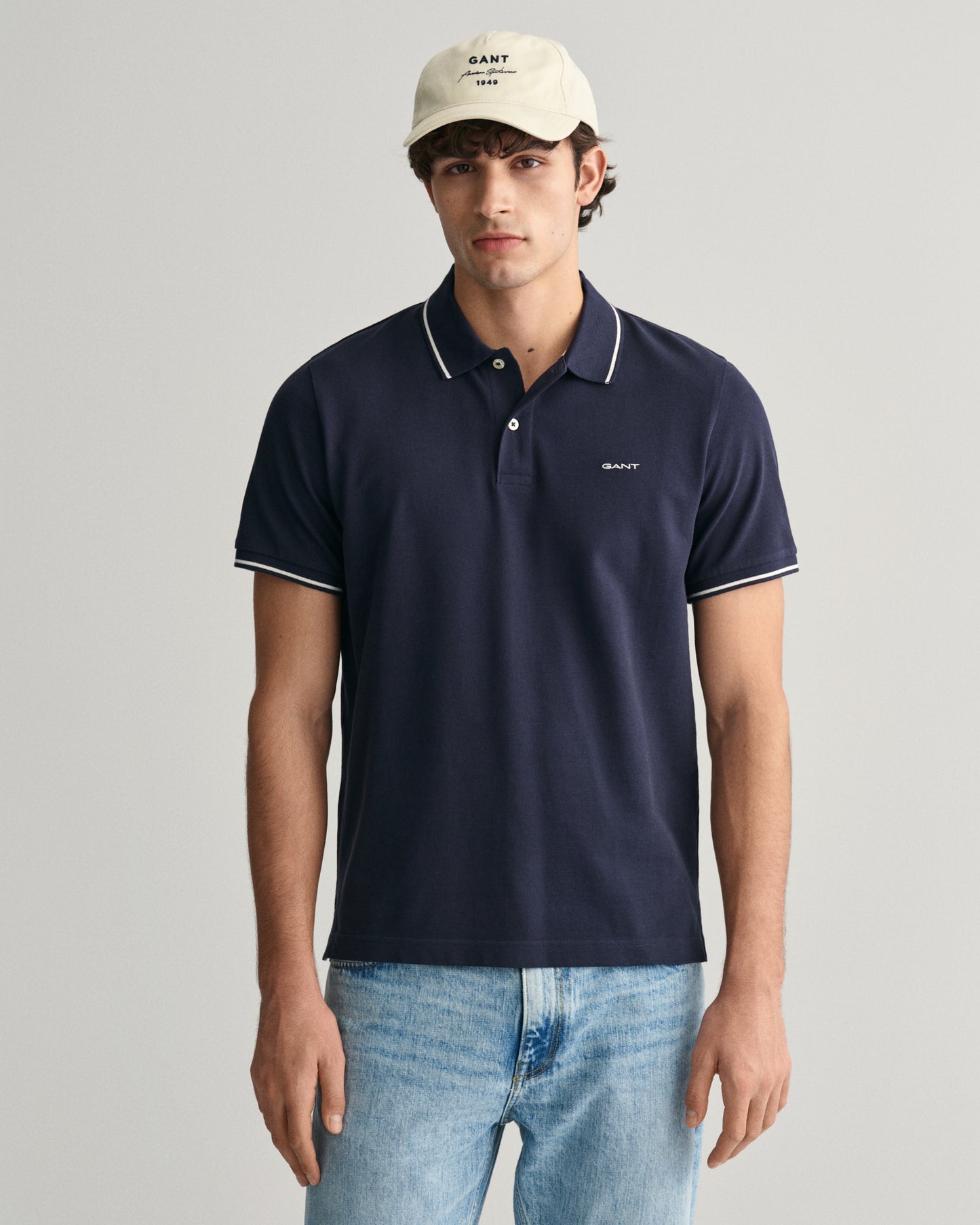 EVENING BLUE, TIPPING SS PIQUE POLO, FRONT-VIEW BY GANT AU.