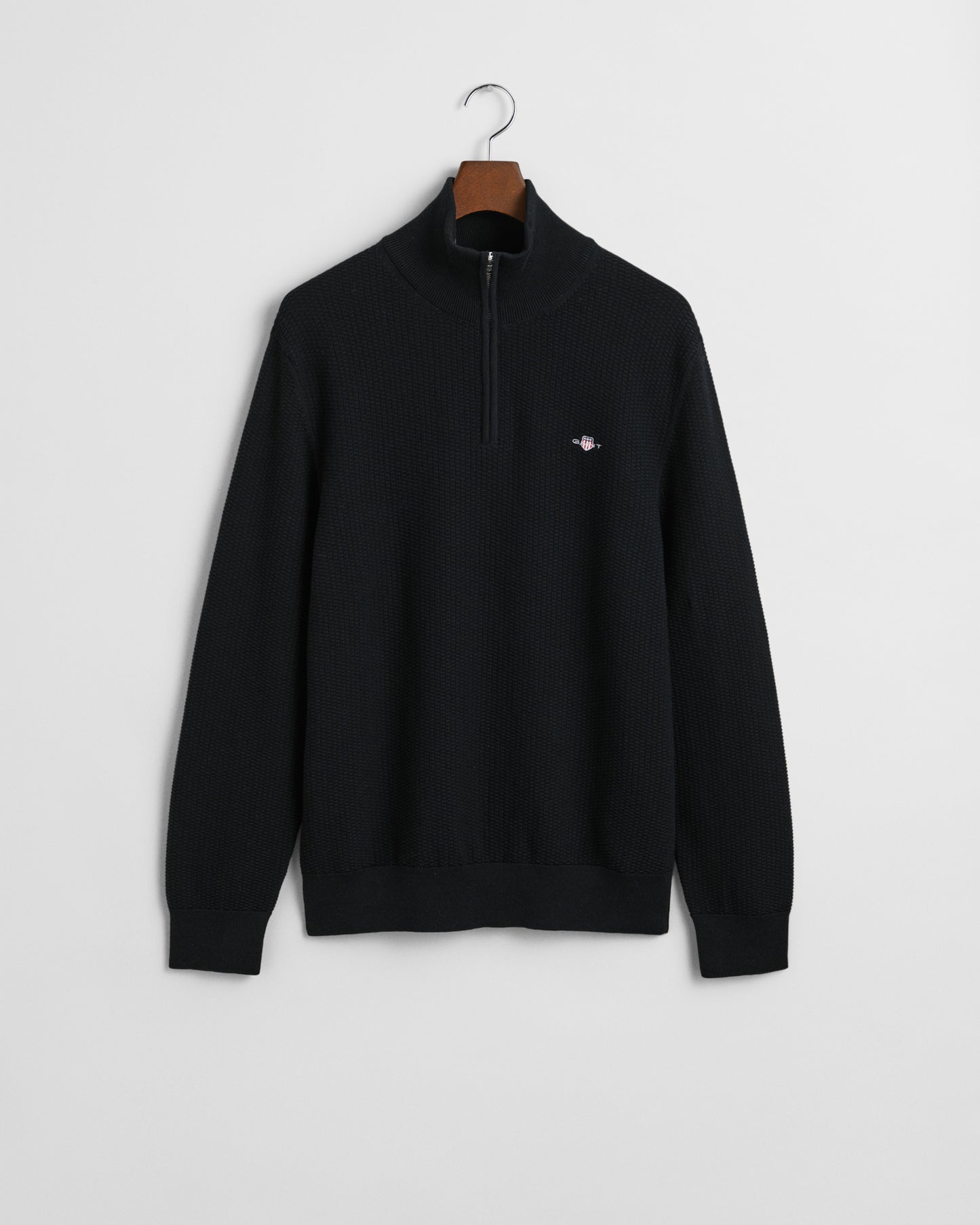 BLACK, COTTON MICRO TEXTURED HALF ZIP, FLAT-LAY BY GANT AU.