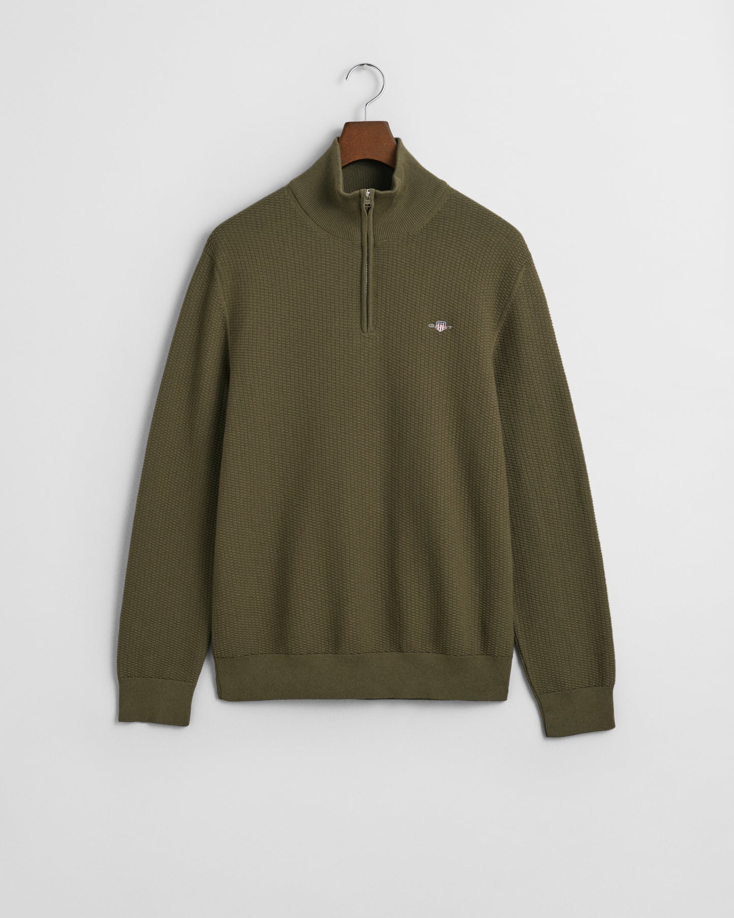 JUNIPER GREEN, COTTON MICRO TEXTURED HALF ZIP, FLAT-LAY BY GANT AU.