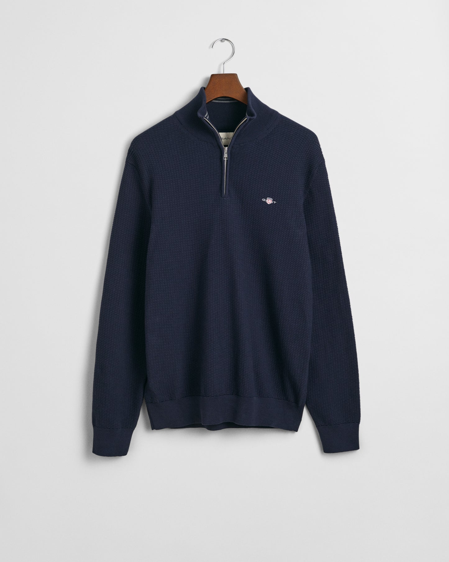 EVENING BLUE, COTTON MICRO TEXTURED HALF ZIP, FLAT-LAY BY GANT AU.