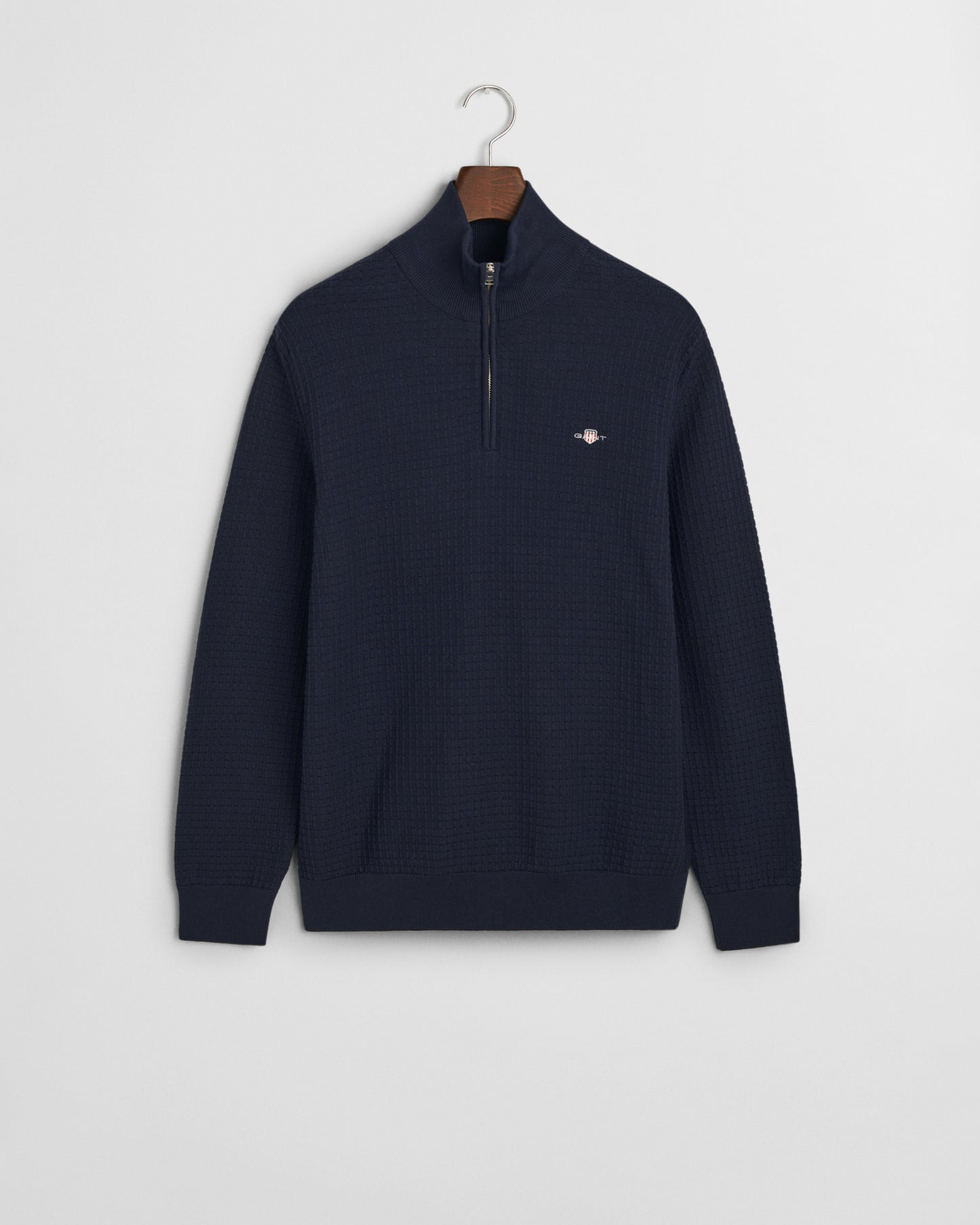 EVENING BLUE, COTTON TEXTURED HALF ZIP, FLAT-LAY BY GANT AU.