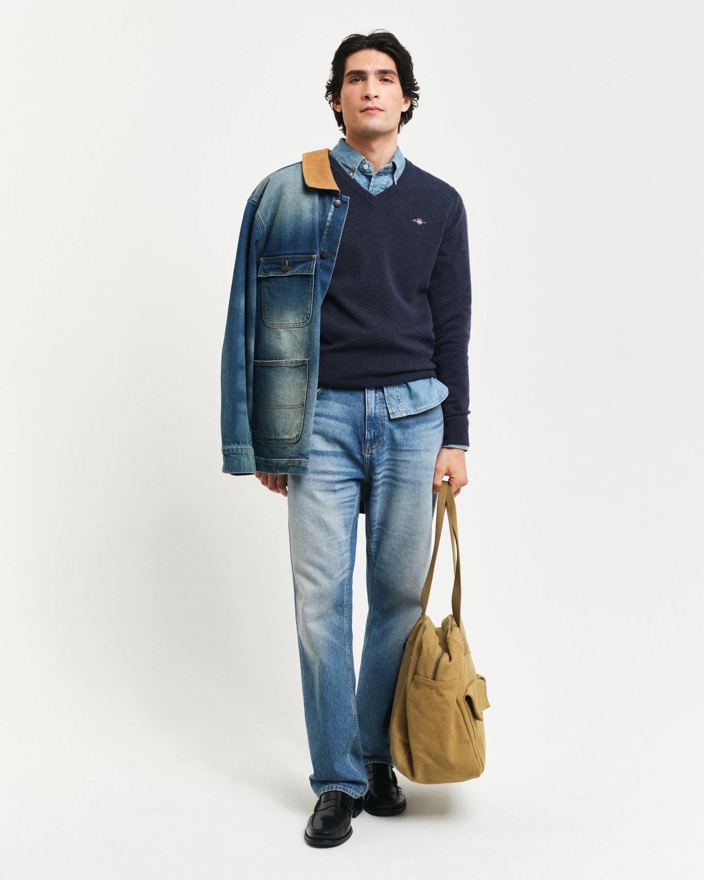 DARK NAVY MELANGE, SUPERFINE LAMBSWOOL V-NECK BY GANT AU.