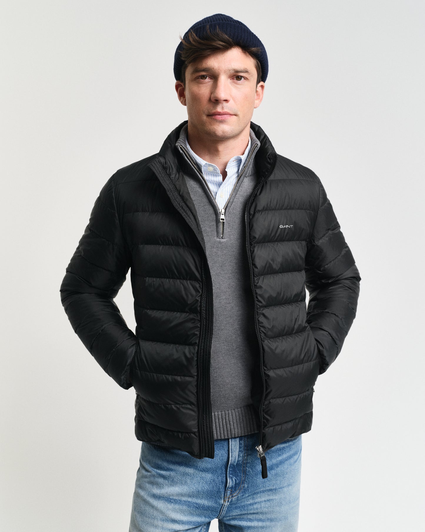 BLACK, LIGHT DOWN JACKET, FRONT-VIEW BY GANT AU.
