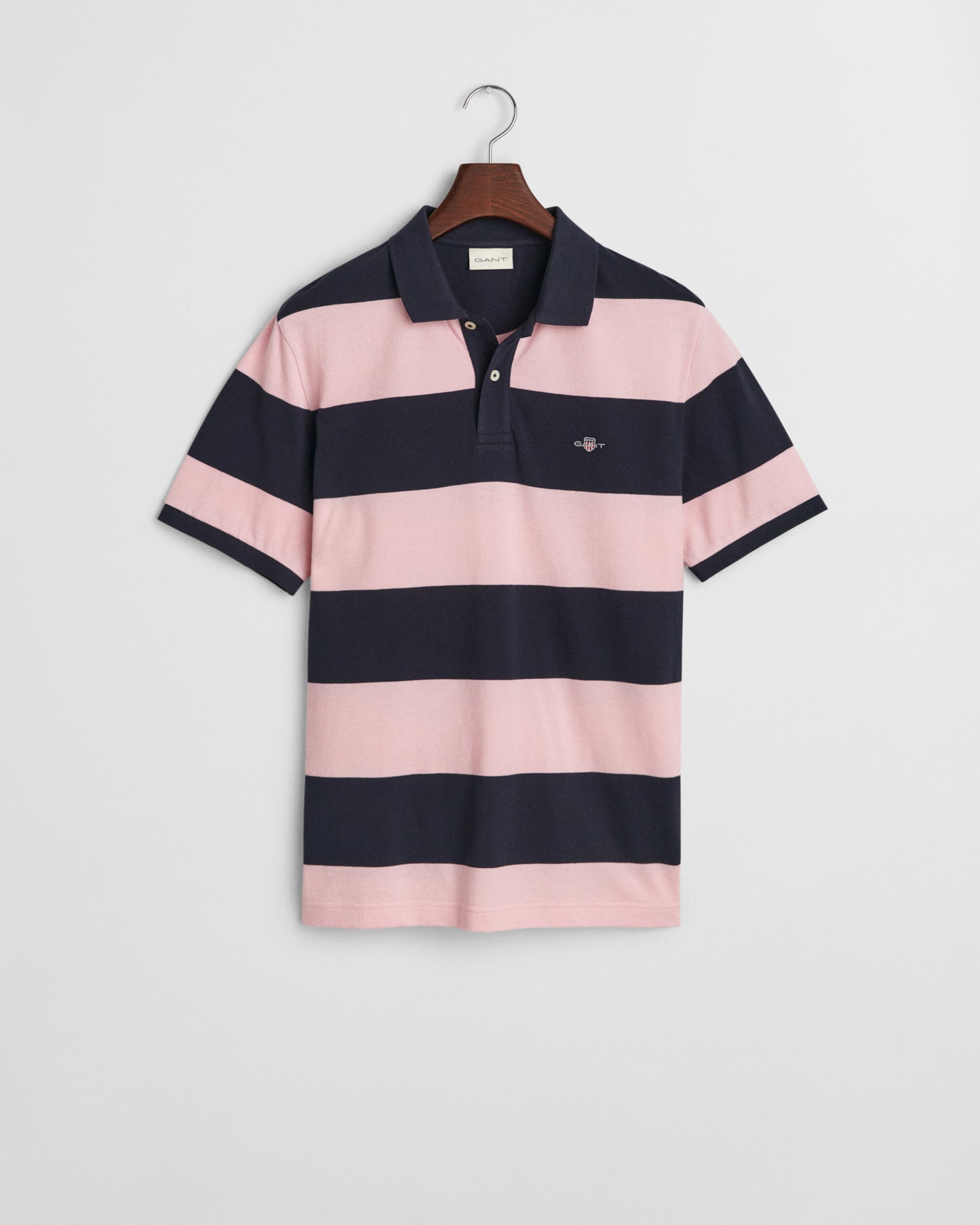 CALIFORNIA PINK, BLOCK STRIPE POLO, FLAT-LAY BY GANT AU.