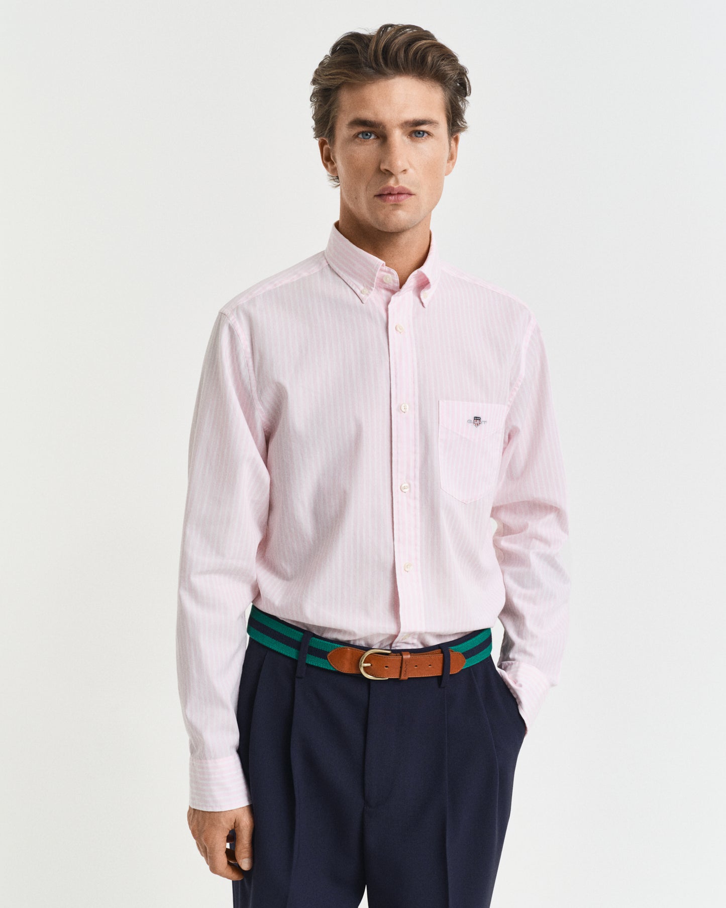 LIGHT PINK, REG CLASSIC POPLIN STRIPE SHIRT, FRONT-VIEW BY GANT AU.