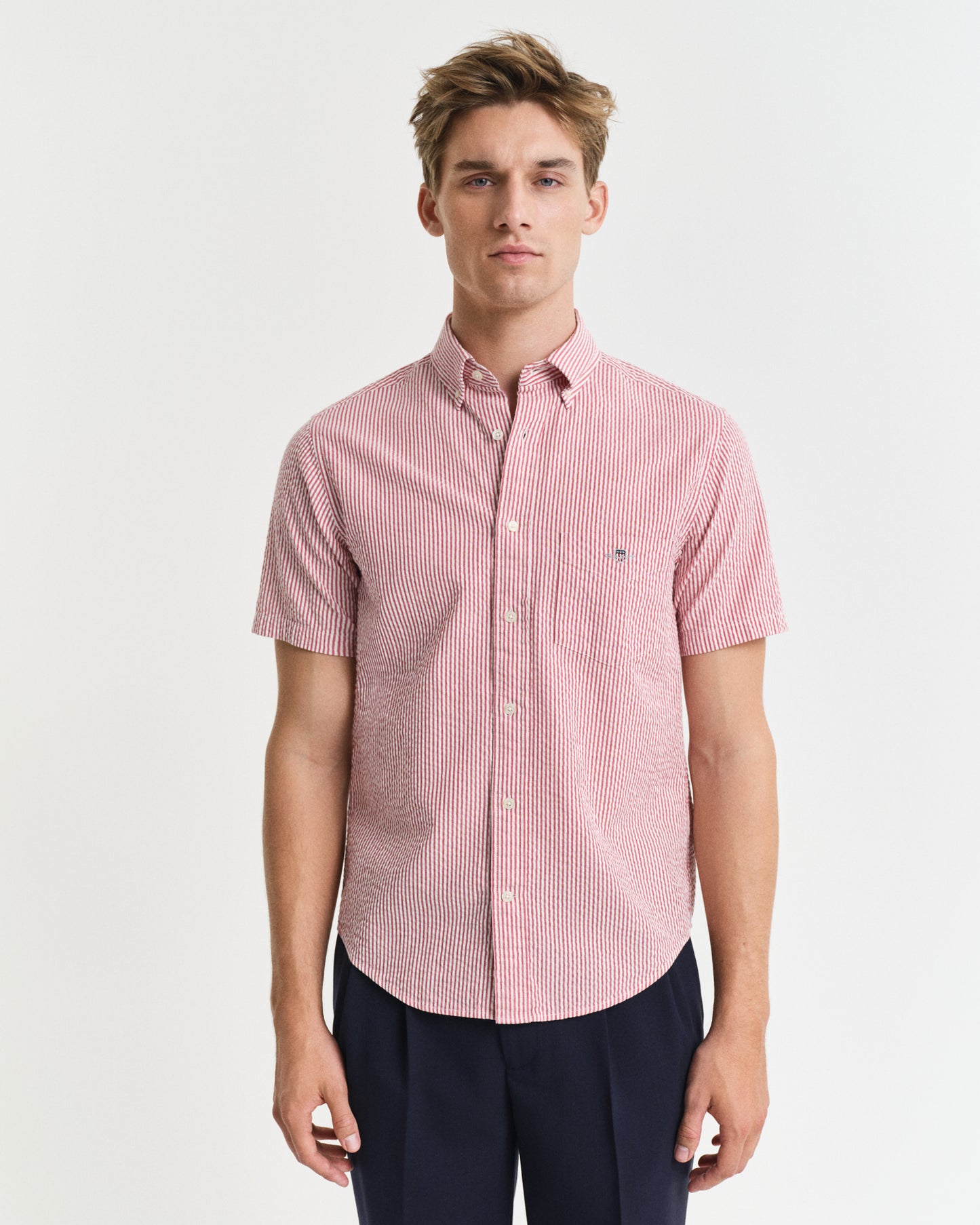 Regular Fit Striped Short Sleeve Seersucker Shirt