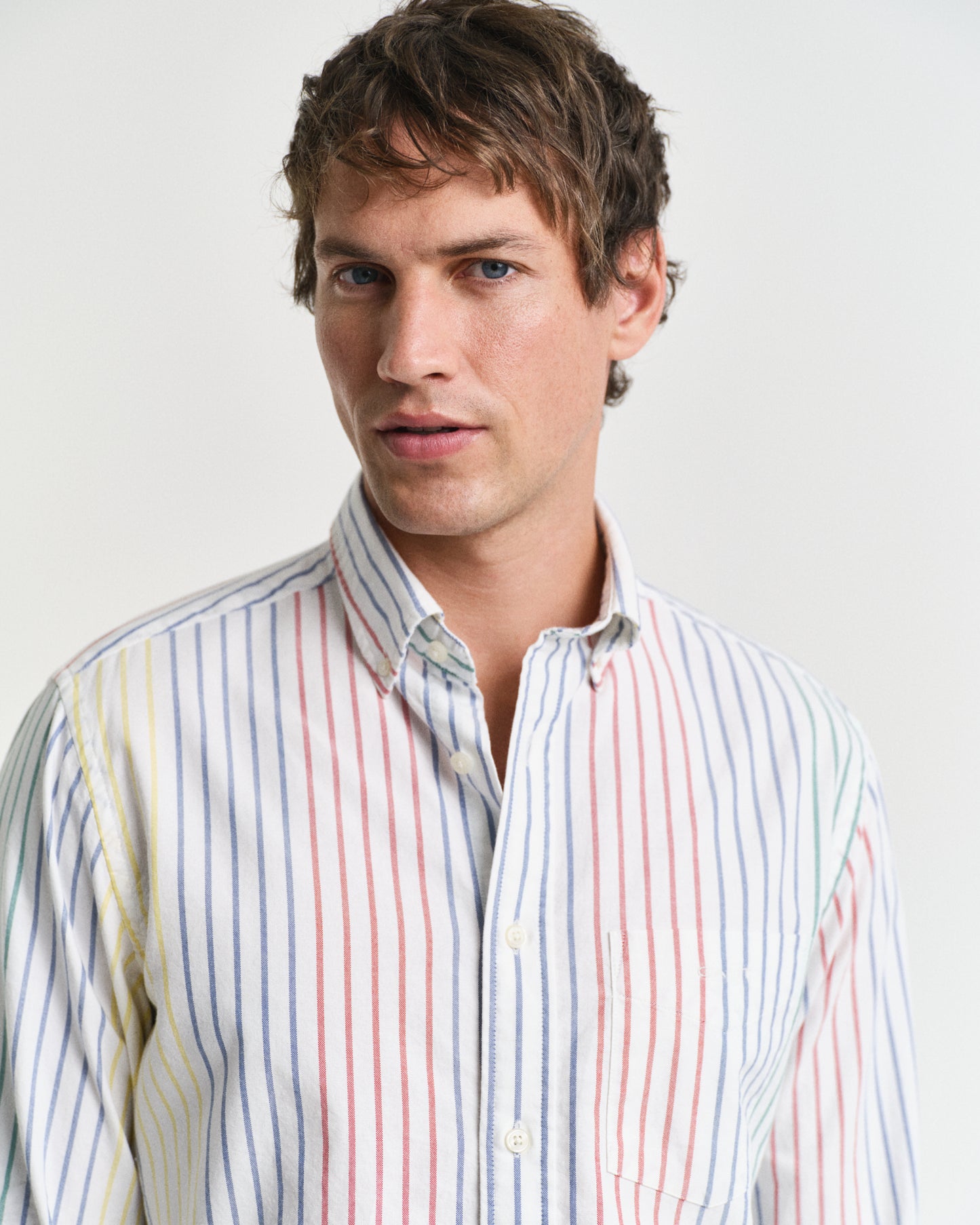 MODEL WEARING REG ARCHIVE OXF MULTI STRIPE SHIRT