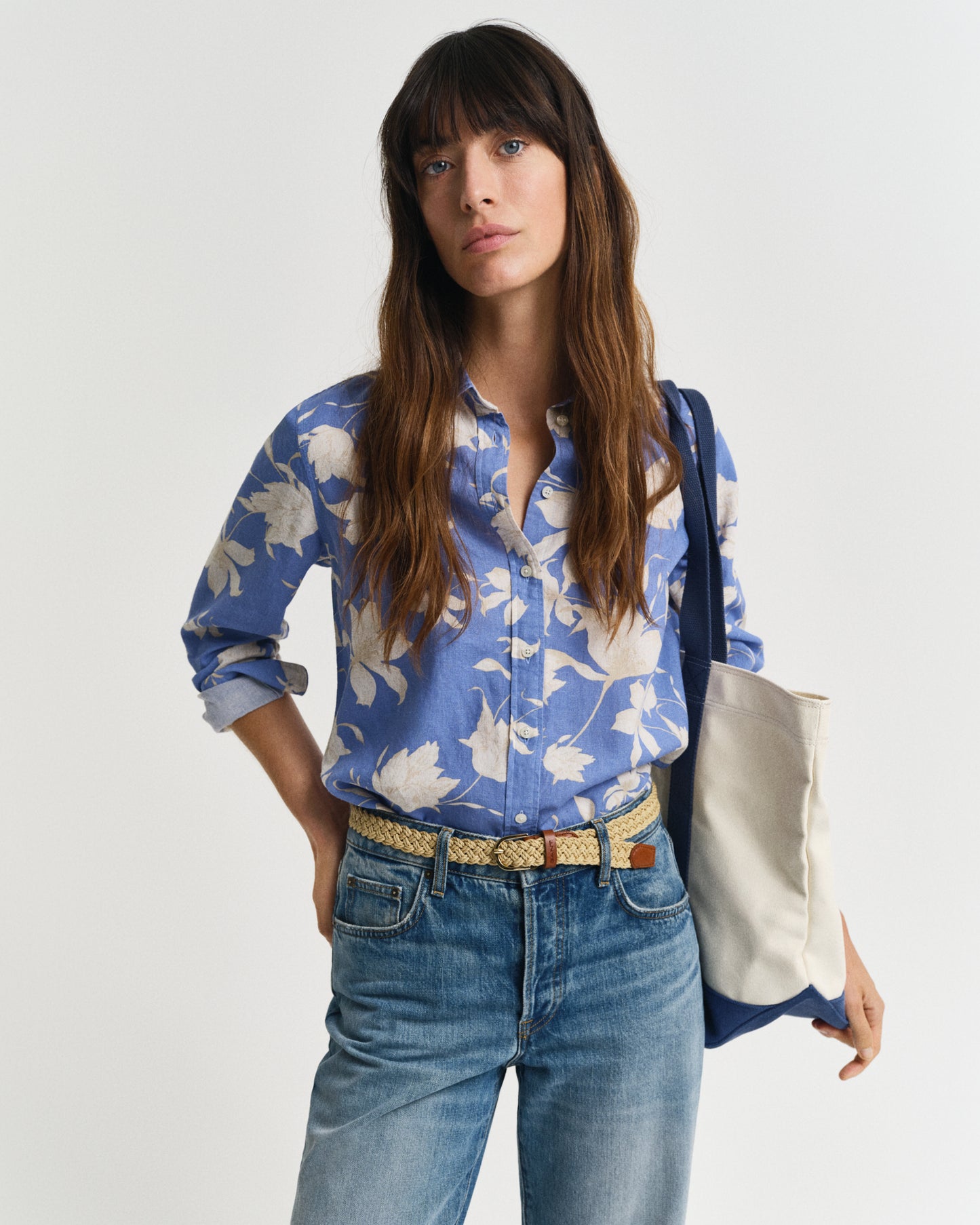 PERFECT BLUE, REG FLORAL PRINT LINEN SHIRT, FRONT-VIEW BY GANT AU.