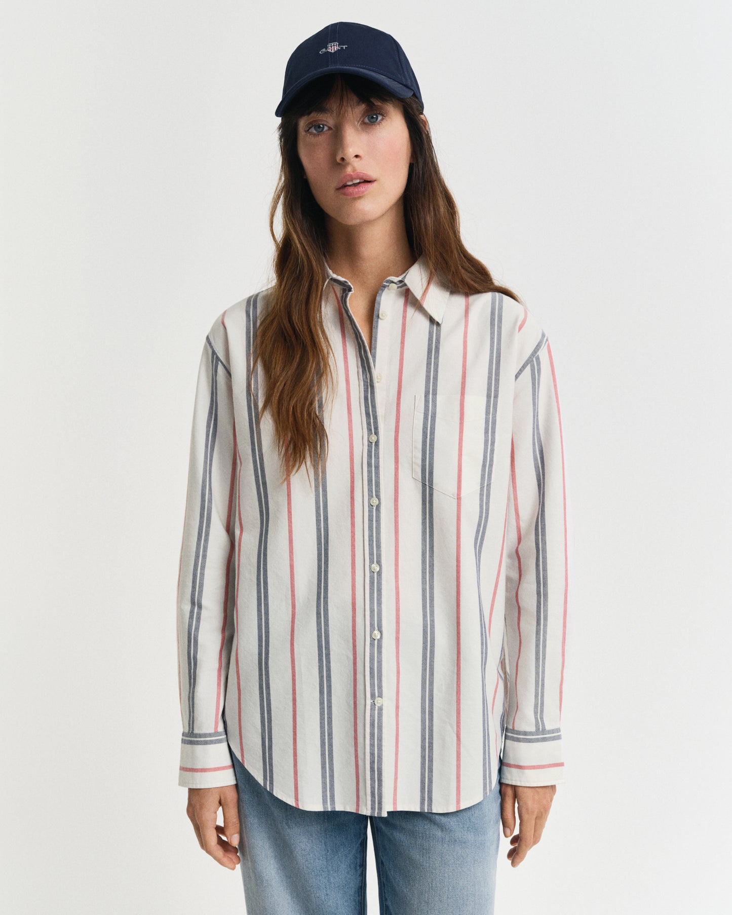 MODEL WEARING REL ARCHIVE OXFORD STRIPED SHIRT