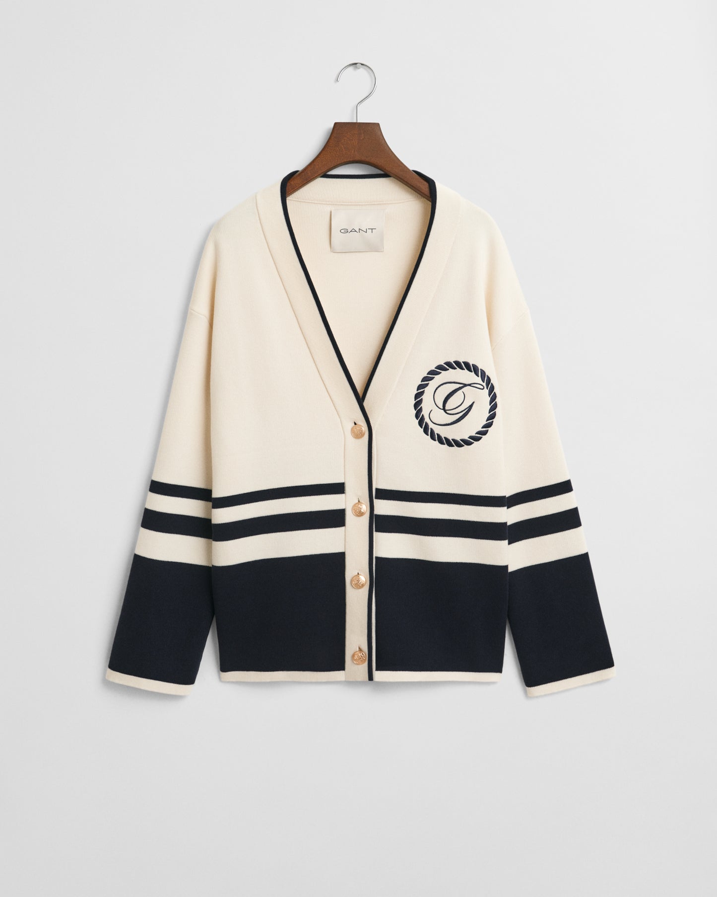 CREAM, GANT VARSITY V-NECK CARDIGAN, FLAT-LAY BY GANT AU.