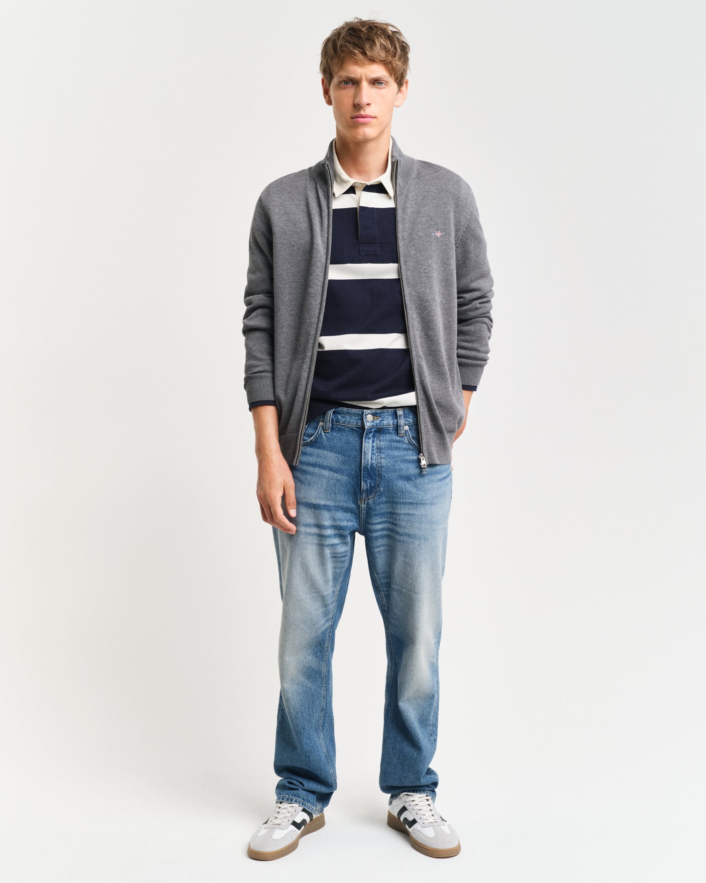 DARK GREY MELANGE, CASUAL COTTON ZIP CARDIGAN BY GANT AU.