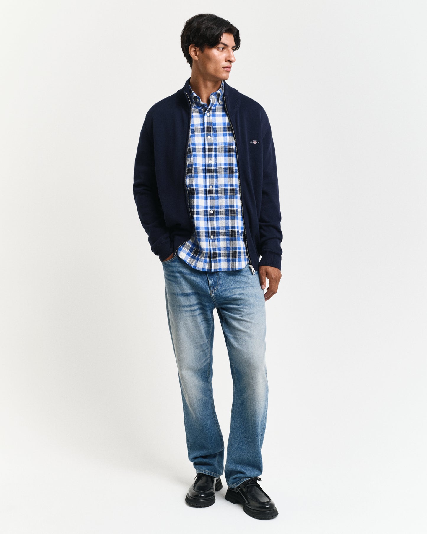 EVENING BLUE, CASUAL COTTON ZIP CARDIGAN BY GANT AU.