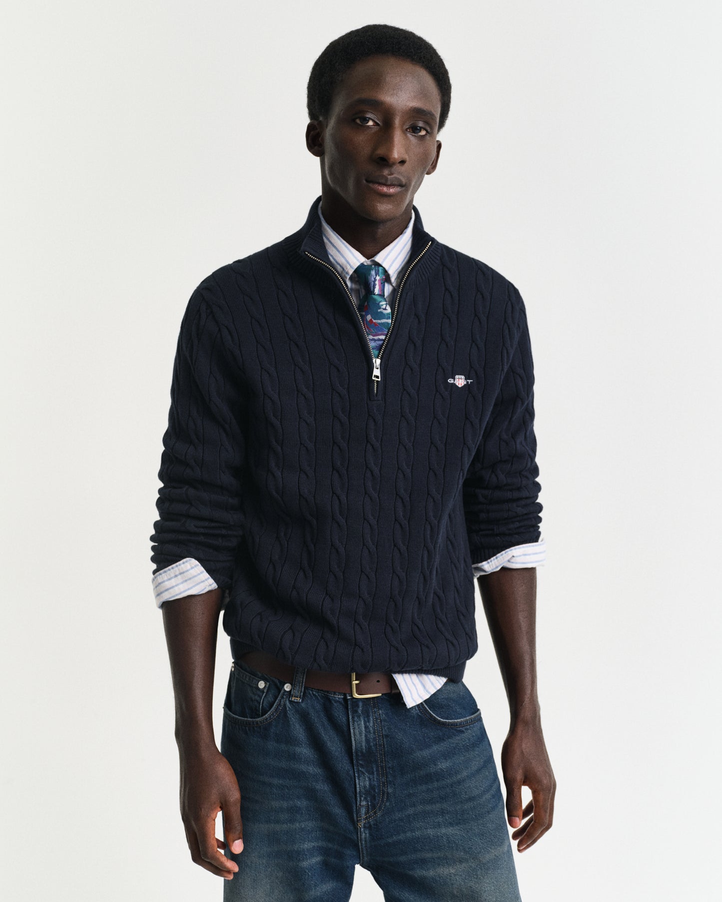 EVENING BLUE, COTTON CABLE HALF ZIP, FRONT-VIEW BY GANT AU.