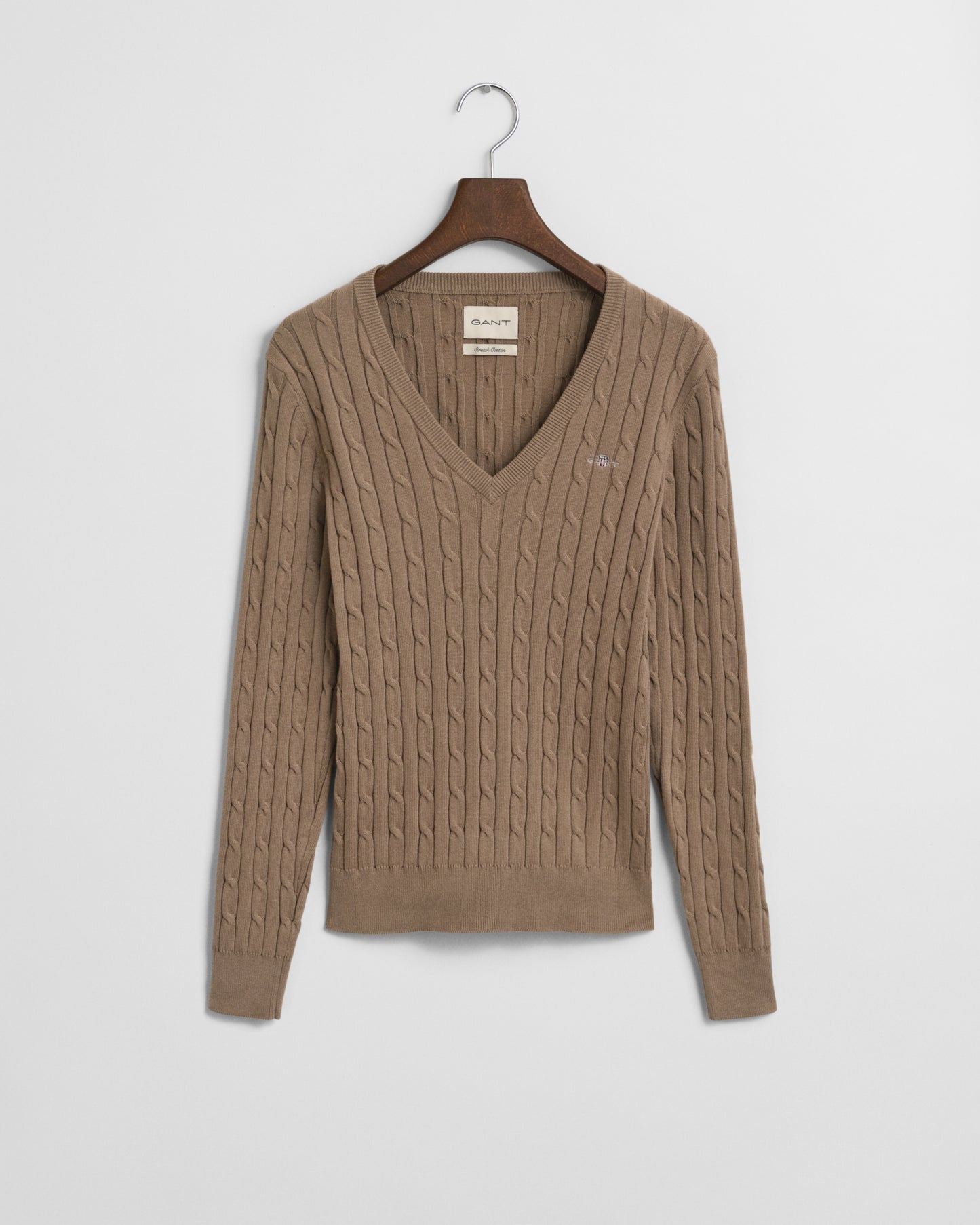 TAUPE BEIGE, STRETCH COTTON CABLE V-NECK BY GANT AU.