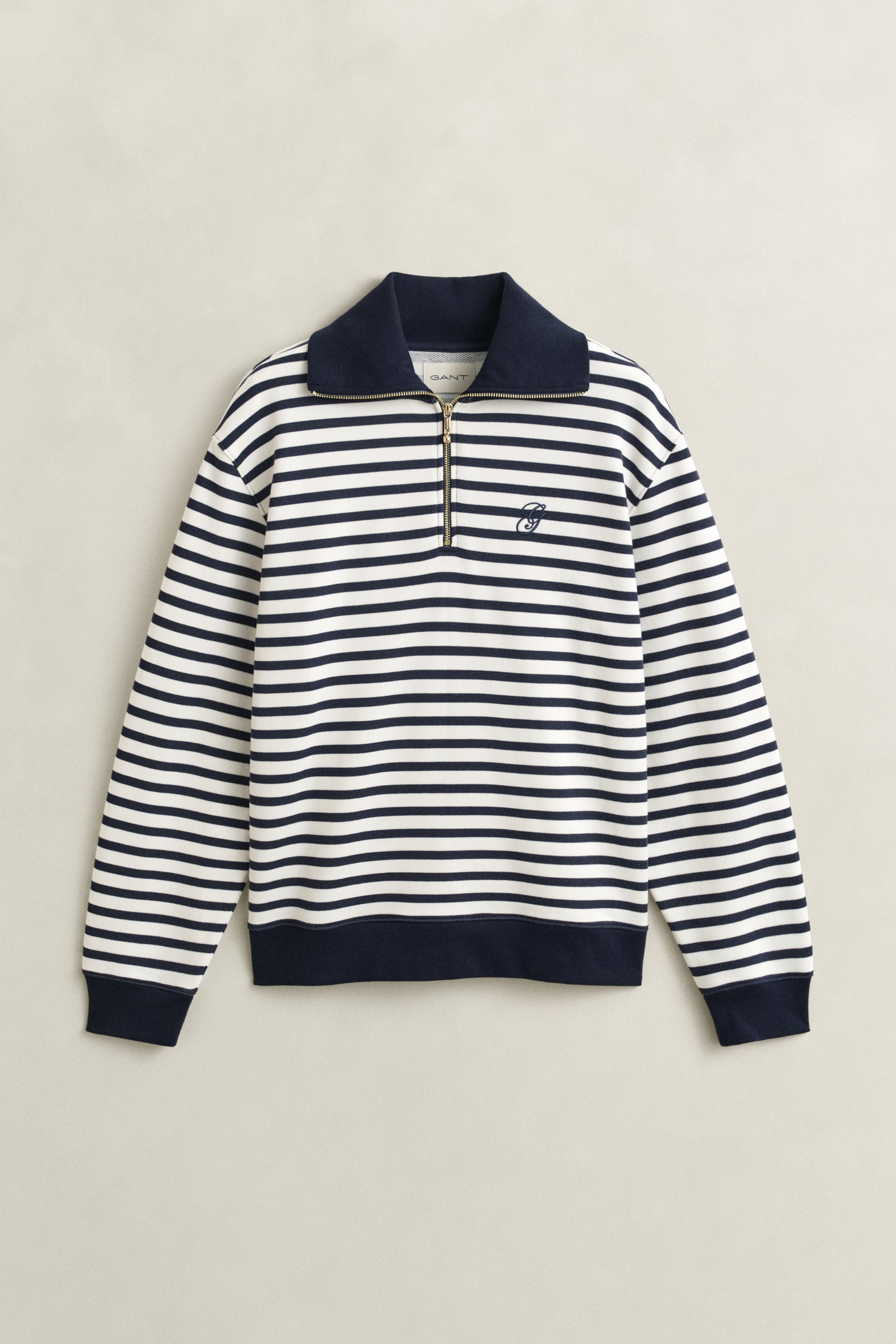 EVENING BLUE, STRIPED HALF ZIP SWEAT, FLAT-LAY BY GANT AU.