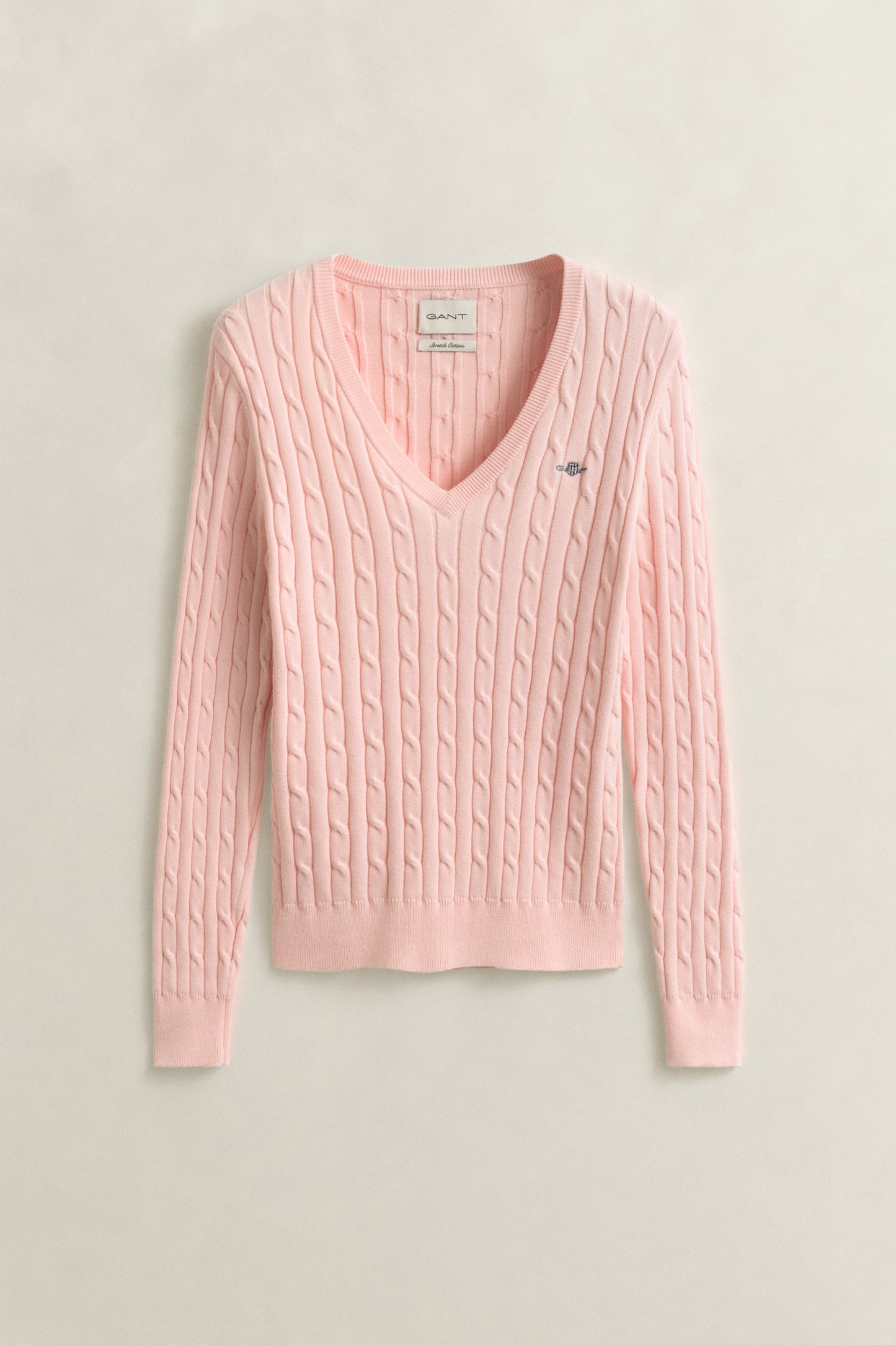APRICOT PINK, STRETCH COTTON CABLE V-NECK, FRONT-VIEW BY GANT AU.