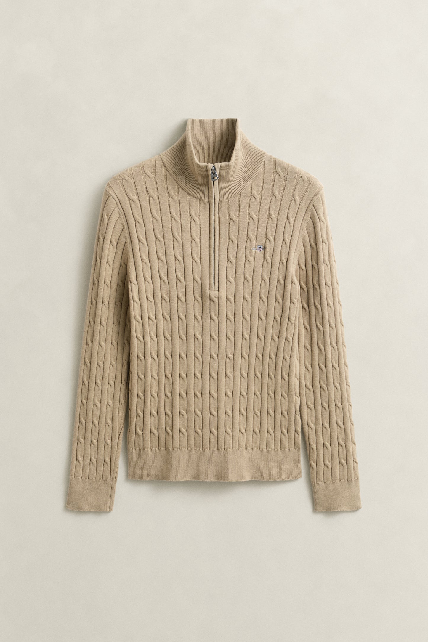 OAT BEIGE, STRETCH COTTON CABLE HALF-ZIP, FLAT-LAY BY GANT AU.