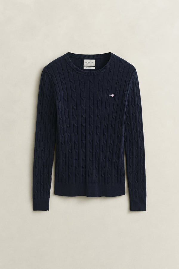 Stretch Cotton Cable Knit Crew Neck Sweater