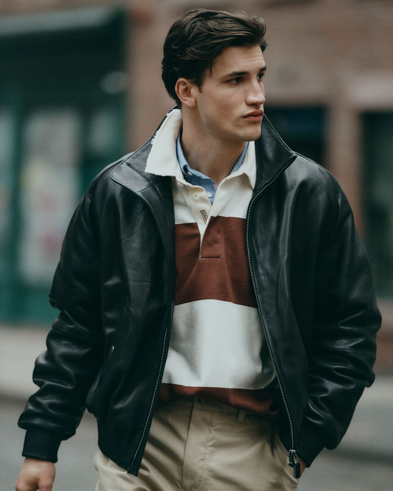 Man wearing a Gant Block Striped Heavy Rugger in Plumped Red
