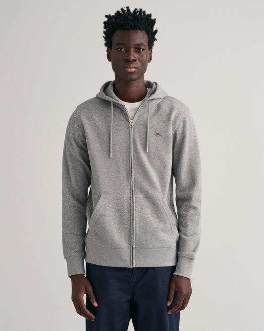 GREY MELANGE, REG SHIELD FULL ZIP HOODIE, FRONT-VIEW BY GANT AU.