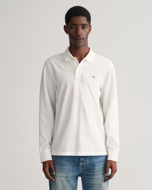 WHITE, REG SHIELD LS PIQUE POLO, FRONT-VIEW BY GANT AU.