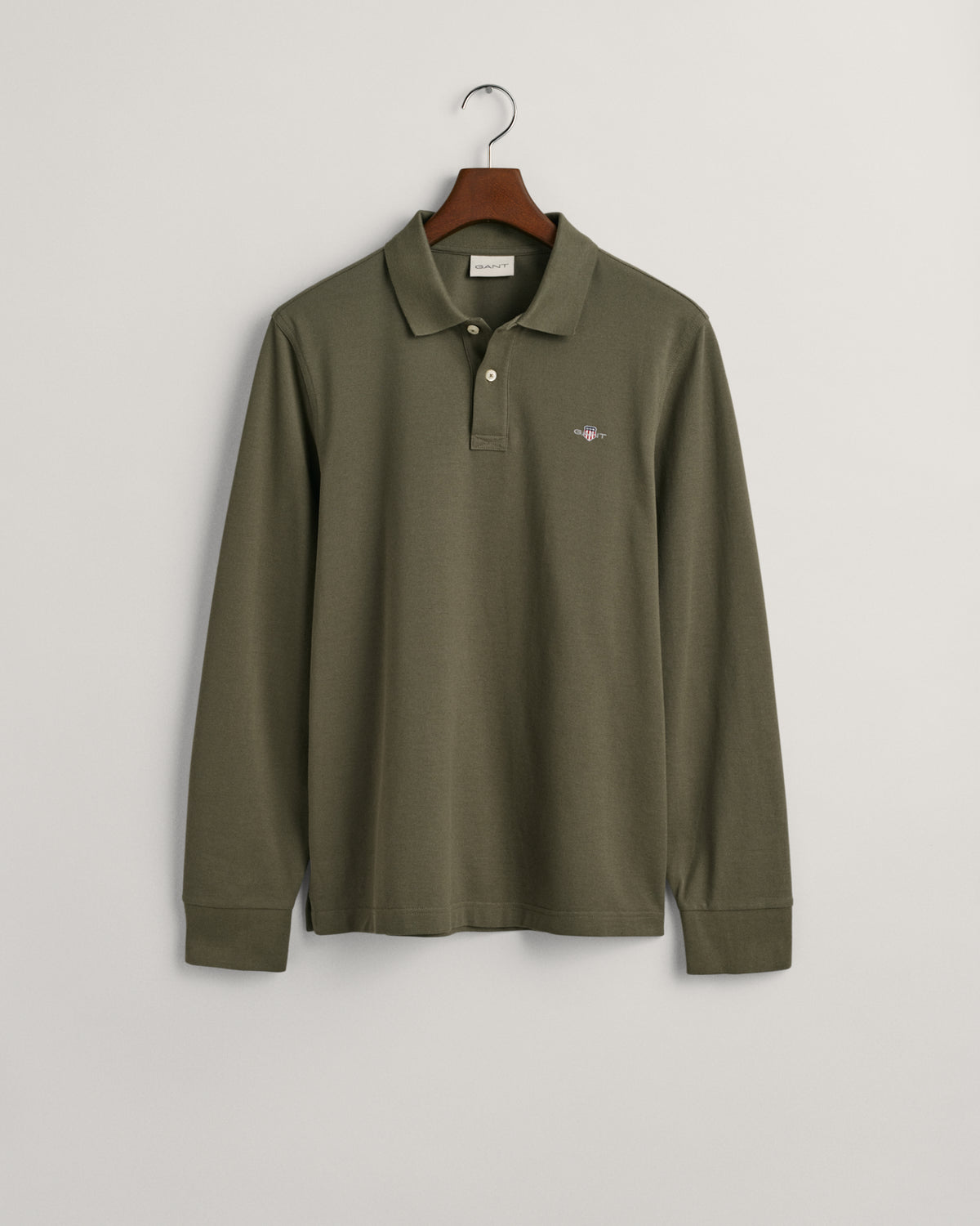 JUNIPER GREEN, REG SHIELD LS PIQUE POLO, FLAT-LAY BY GANT AU.