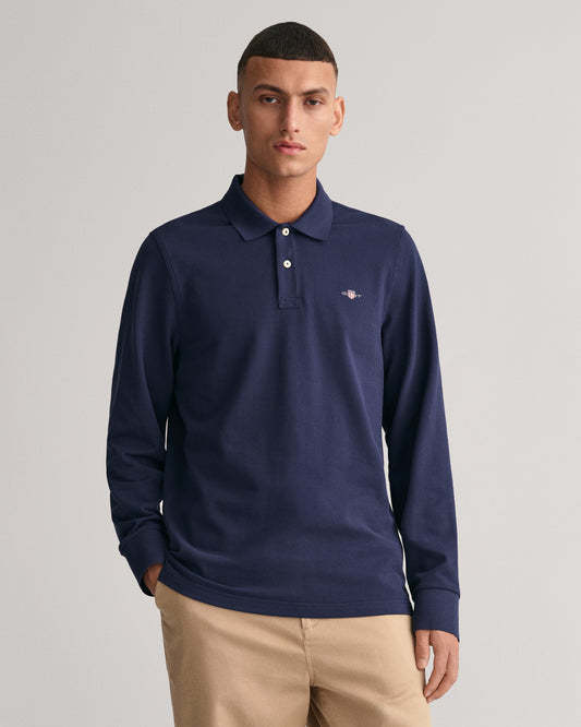 EVENING BLUE, REG SHIELD LS PIQUE POLO, FRONT-VIEW BY GANT AU.
