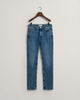 MID BLUE BROKEN IN, SLIM SUPER STRETCH JEANS, FLAT-LAY BY GANT AU.