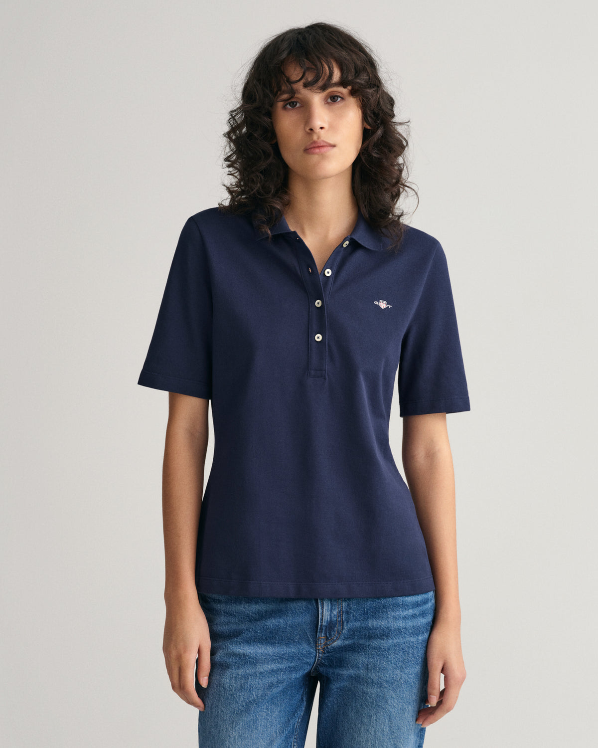 EVENING BLUE, SLIM SHIELD SS PIQUE POLO, FRONT-VIEW BY GANT AU.