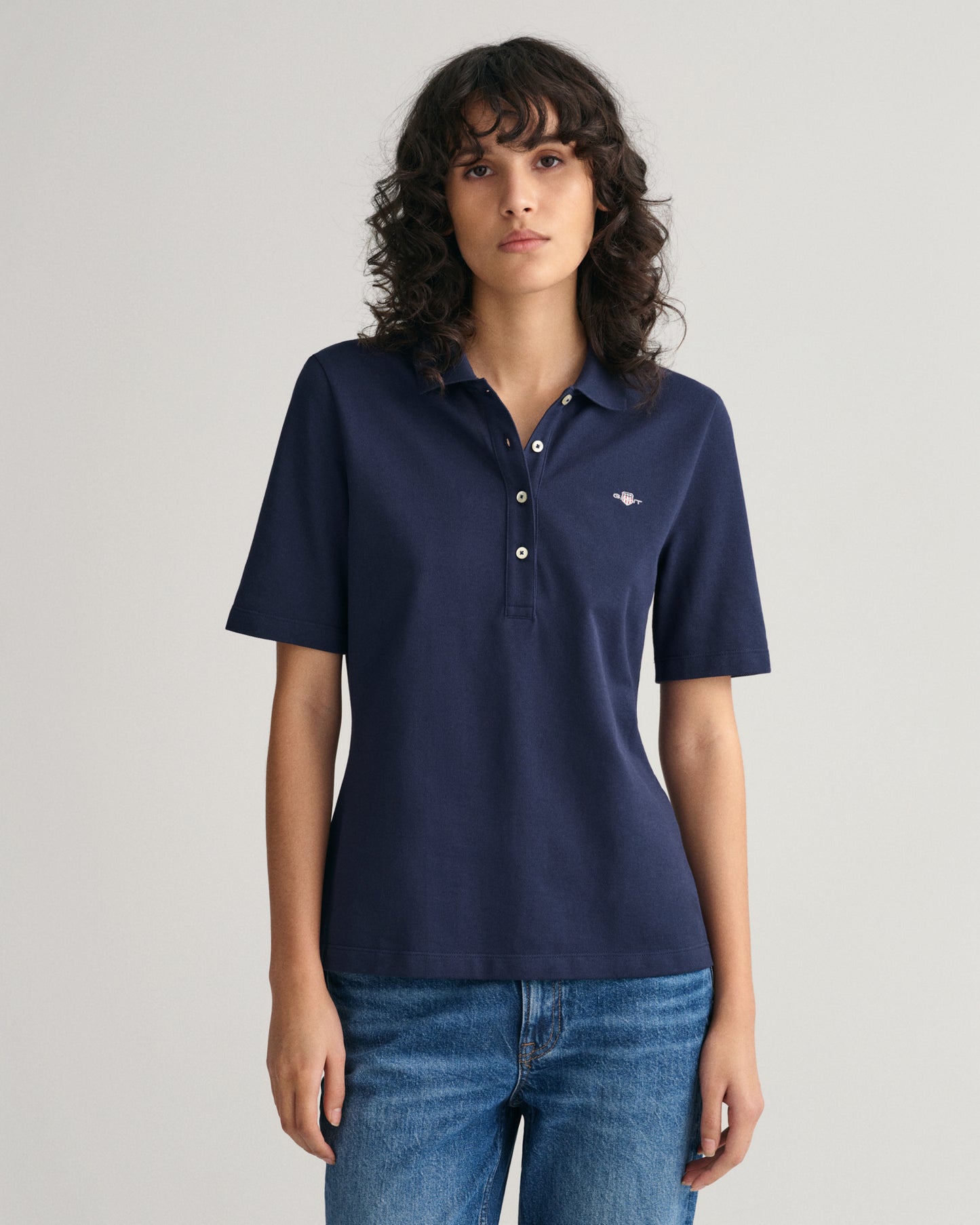 EVENING BLUE, SLIM SHIELD SS PIQUE POLO, FRONT-VIEW BY GANT AU.