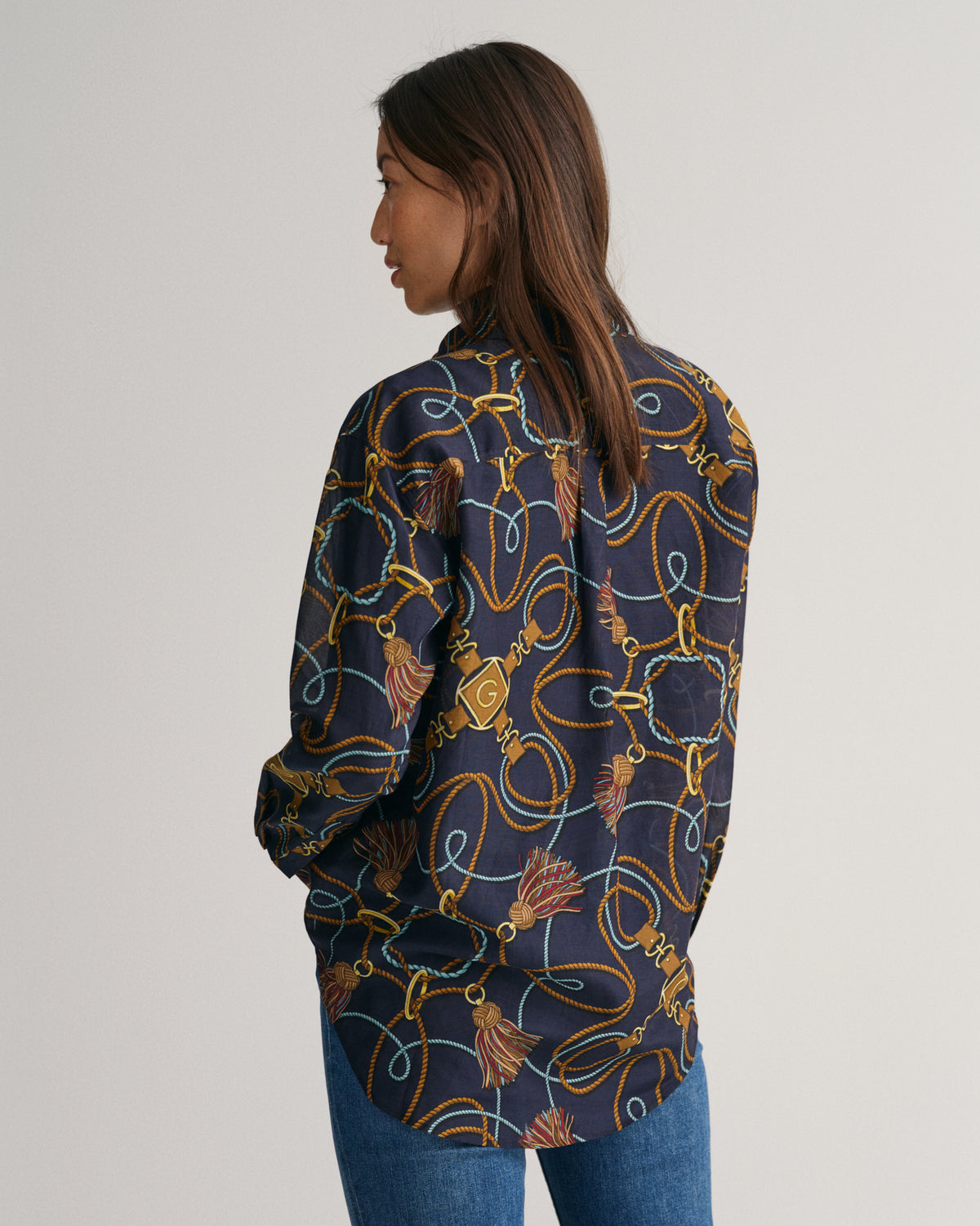 EVENING BLUE, REL ROPE PRINT COT SILK SHIRT, BACK-VIEW BY GANT AU.