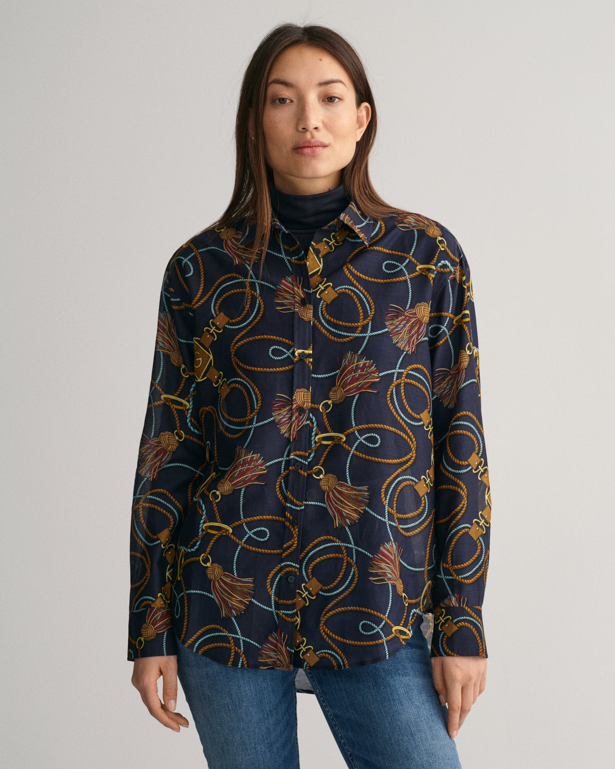 EVENING BLUE, REL ROPE PRINT COT SILK SHIRT, FRONT-VIEW BY GANT AU.