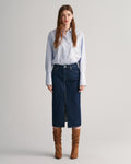 DARK BLUE, SLIM DENIM PENCIL SKIRT, FRONT-VIEW BY GANT AU.