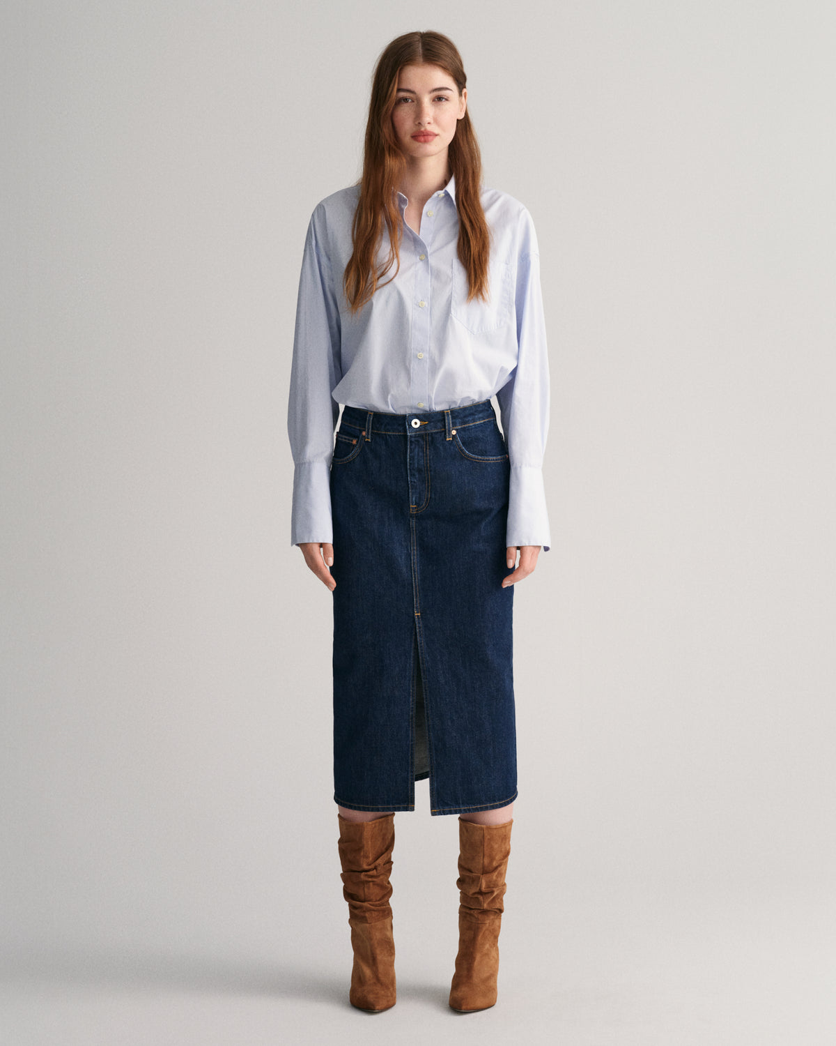 DARK BLUE, SLIM DENIM PENCIL SKIRT, FRONT-VIEW BY GANT AU.