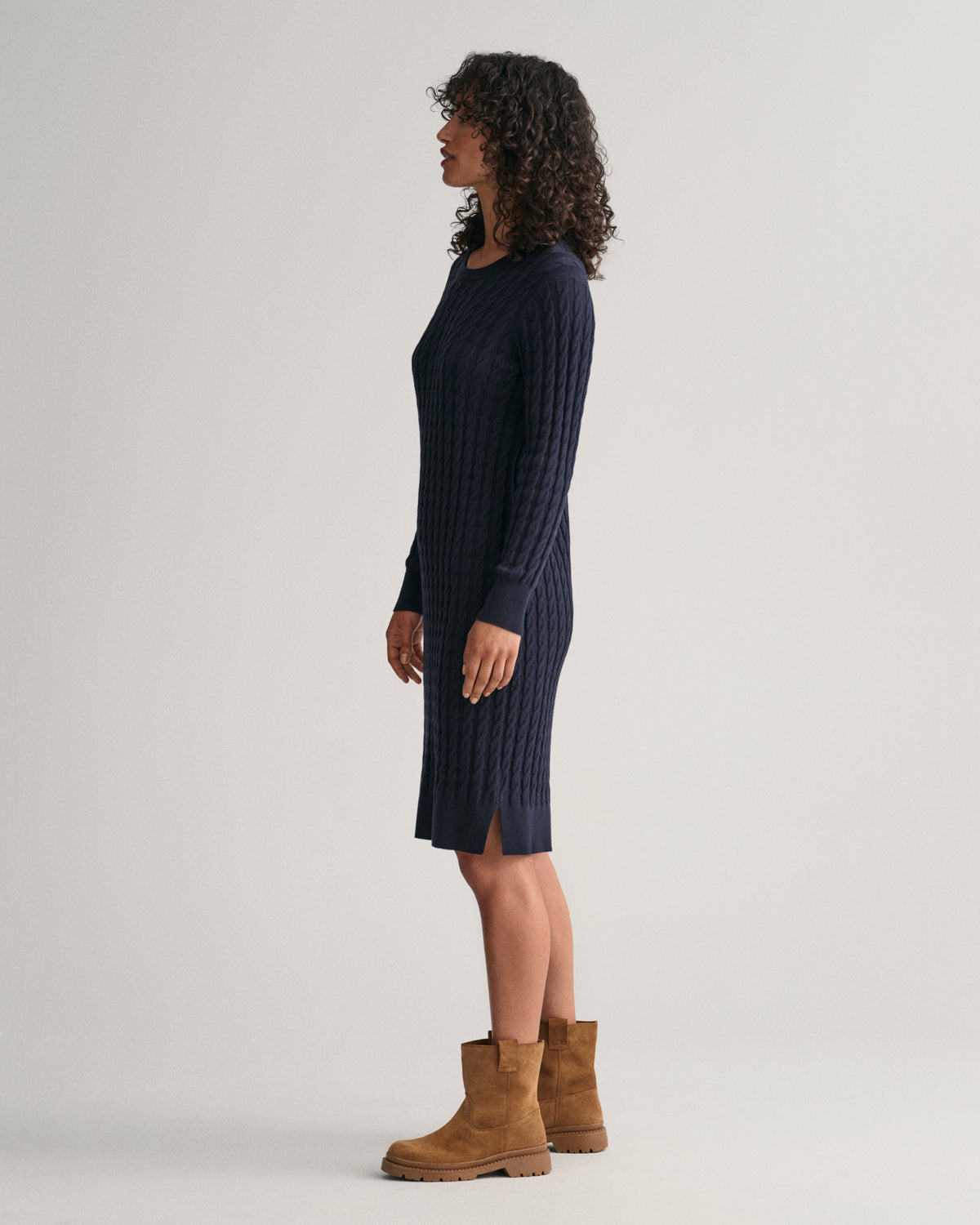 Stretch Cotton Cable Knit Crew Neck Dress