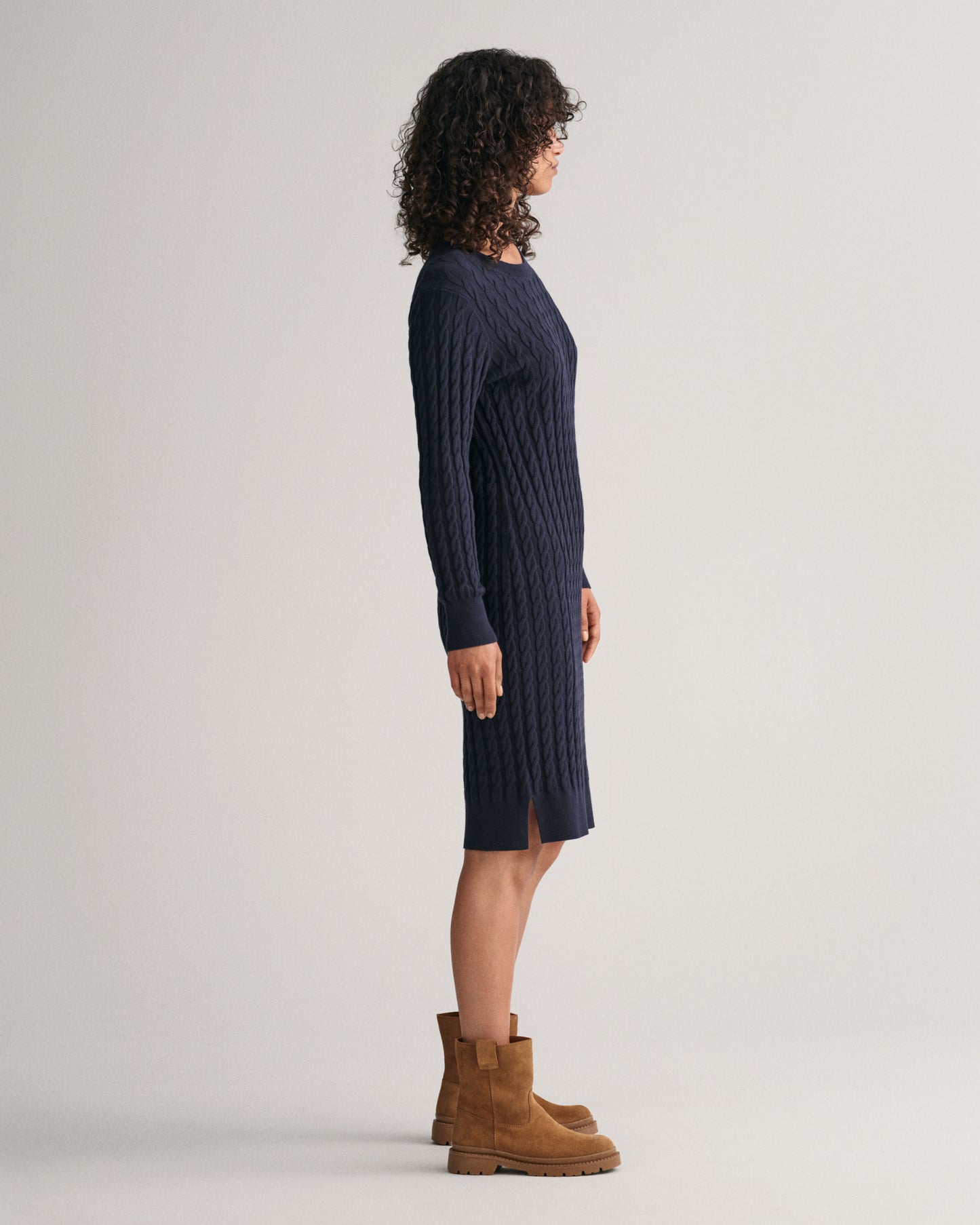 Stretch Cotton Cable Knit Crew Neck Dress