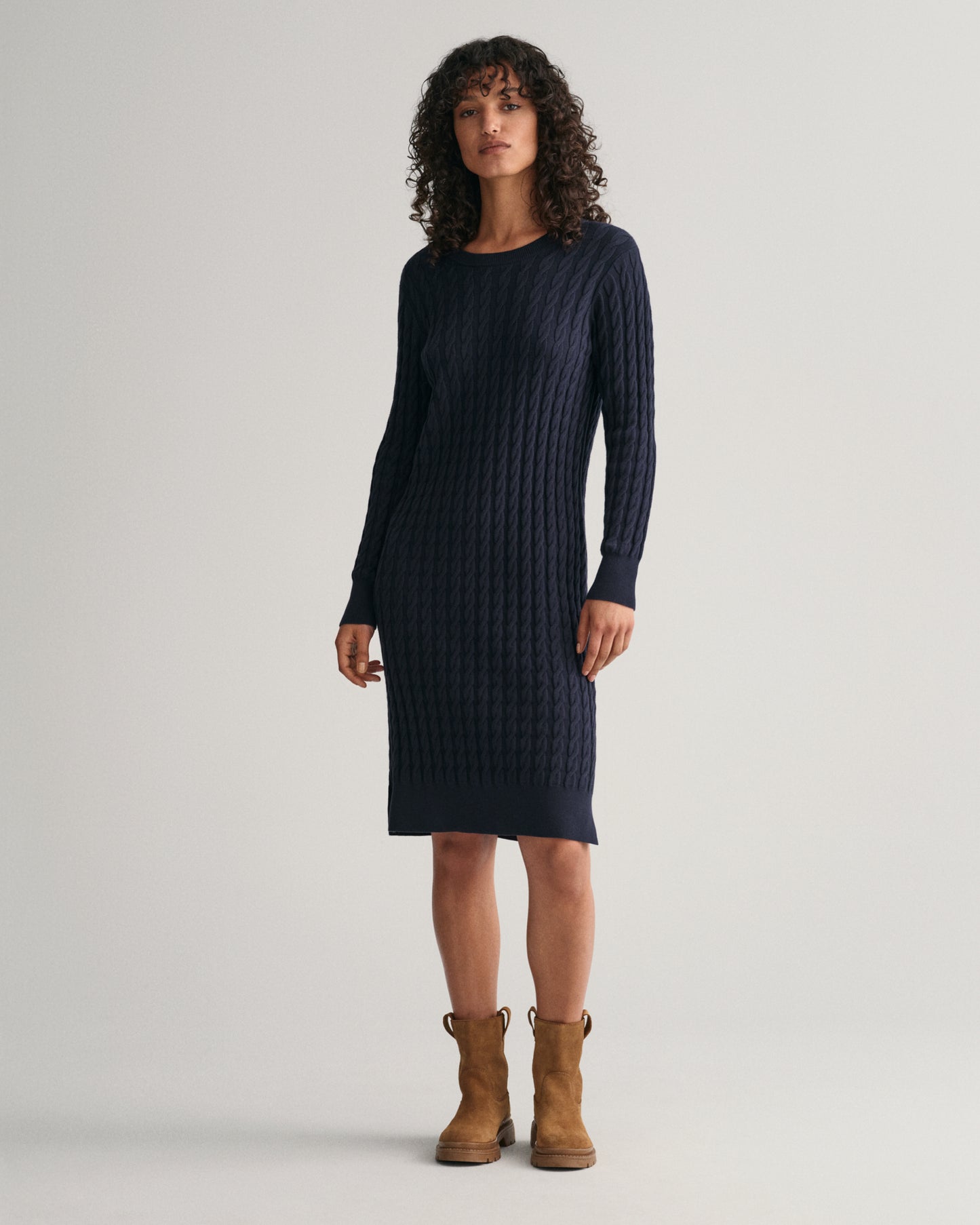EVENING BLUE, STRETCH COTTON CABLE C-NECK DRESS BY GANT AU.