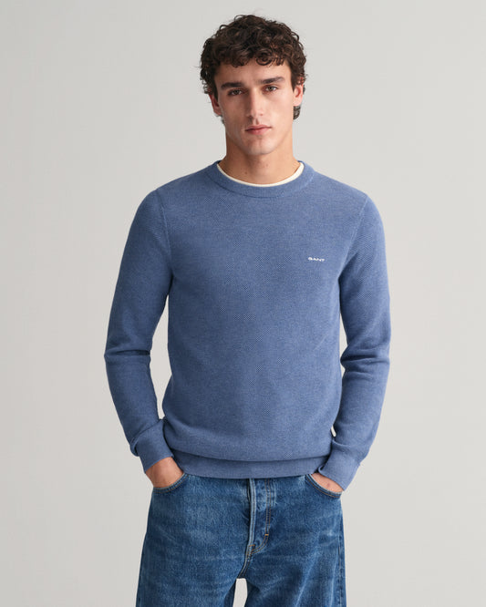 DENIM BLUE MELANGE, COTTON PIQUE C-NECK, FRONT-VIEW BY GANT AU.