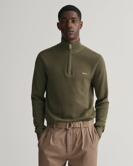 JUNIPER GREEN, COTTON PIQUE HALF ZIP, FRONT-VIEW BY GANT AU.