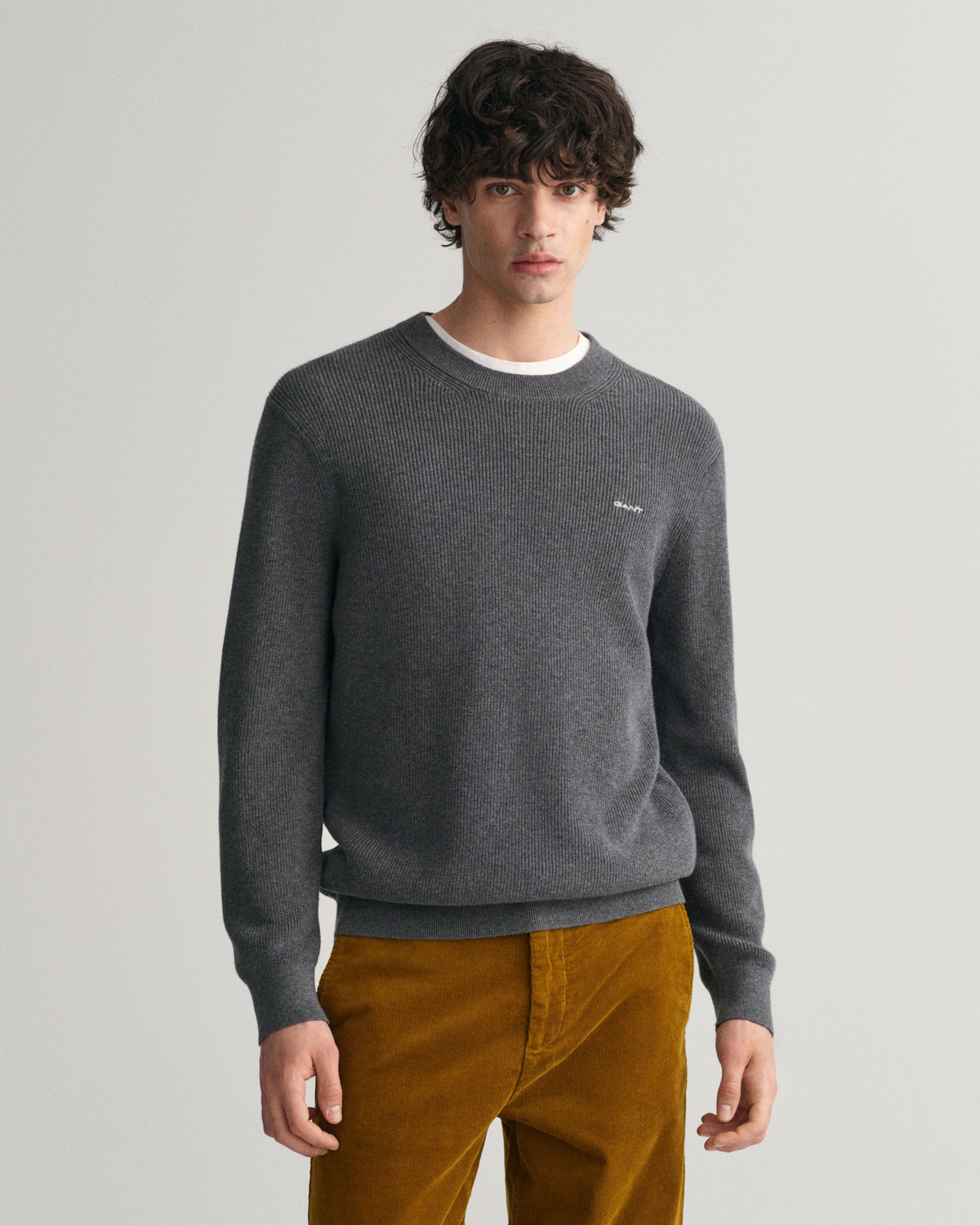 ANTRACIT MELANGE, COTTON WOOL RIB C-NECK, FRONT-VIEW BY GANT AU.