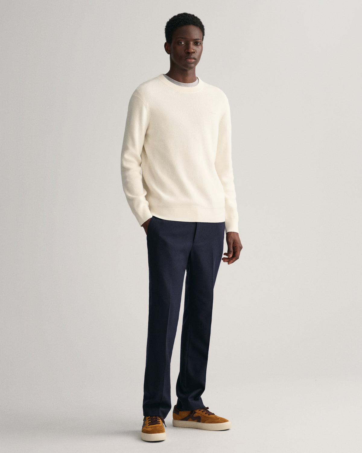CREAM, COTTON WOOL RIB C-NECK BY GANT AU.