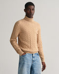 KHAKI MELANGE, COTTON CABLE TURTLE NECK, FRONT-VIEW BY GANT AU.