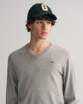 MODEL WEARING SUPERFINE LAMBSWOOL V-NECK