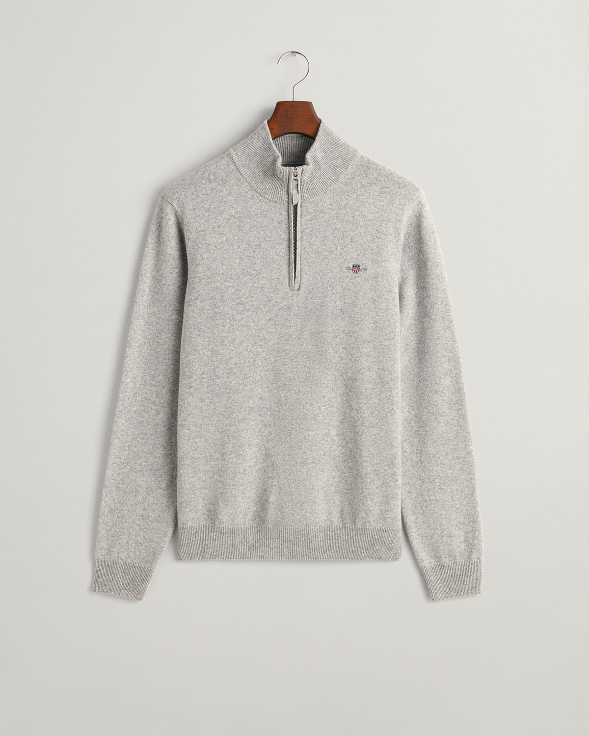 GREY MELANGE, SUPERFINE LAMBSWOOL HALF ZIP, FLAT-LAY BY GANT AU.
