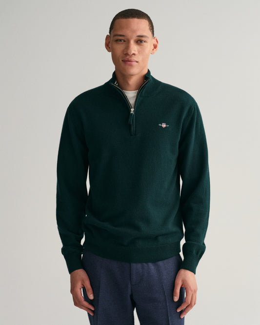 TARTAN GREEN, SUPERFINE LAMBSWOOL HALF ZIP, FRONT-VIEW BY GANT AU.