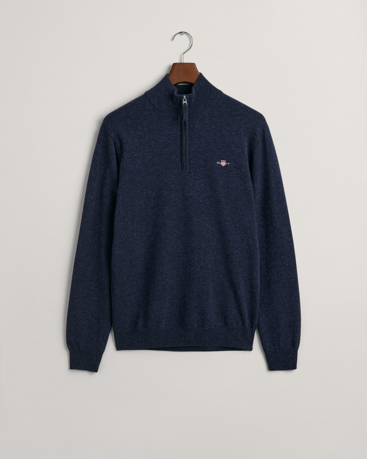 DARK NAVY MELANGE, SUPERFINE LAMBSWOOL HALF ZIP, FLAT-LAY BY GANT AU.