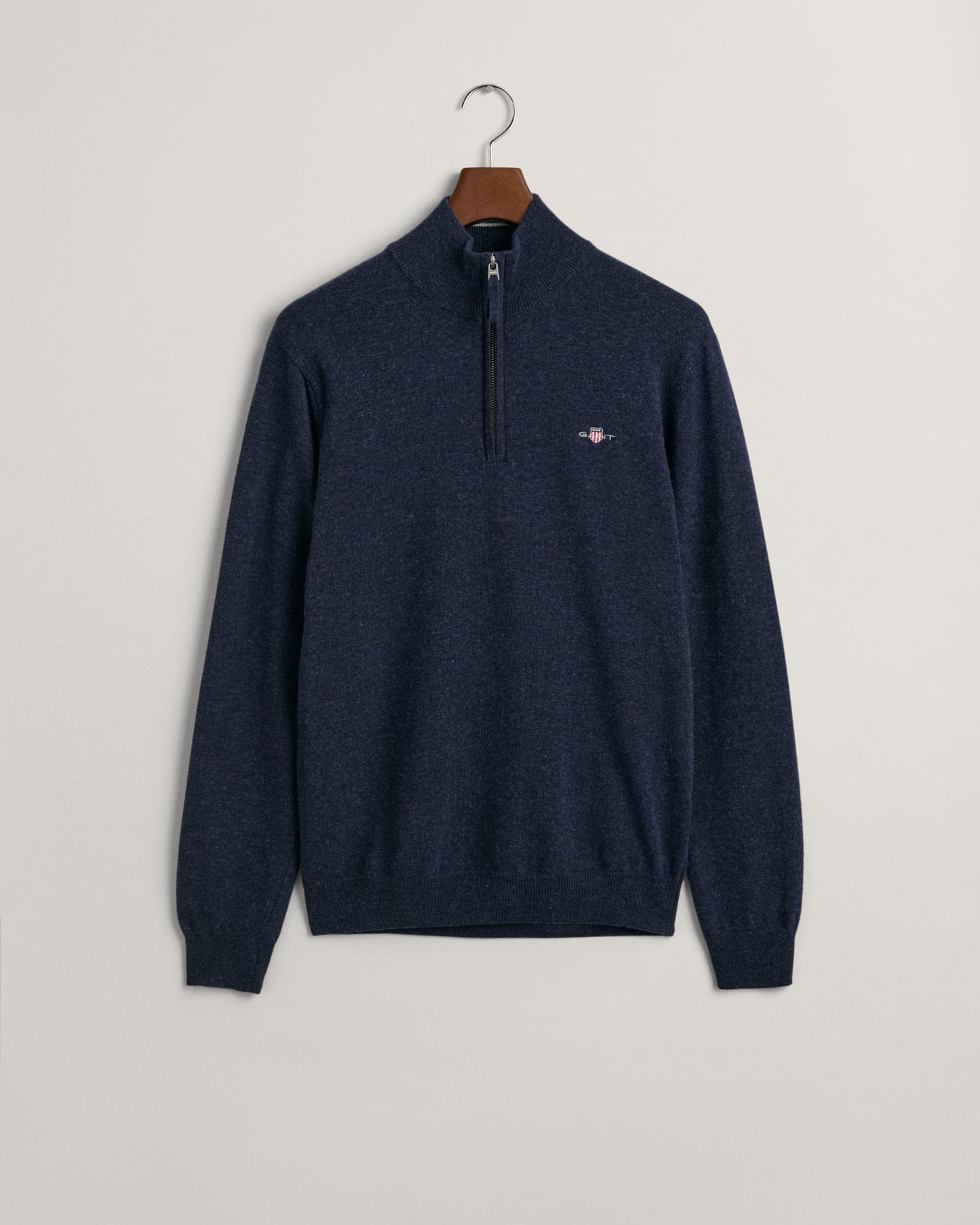 DARK NAVY MELANGE, SUPERFINE LAMBSWOOL HALF ZIP, FLAT-LAY BY GANT AU.